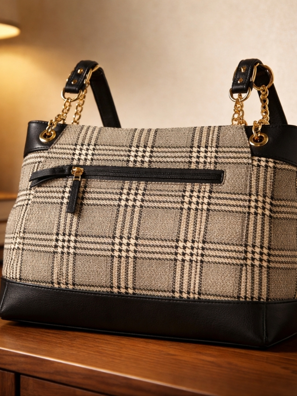 Plaid Shoulder Tote with Black Trim and Gold Chain Handles - Women